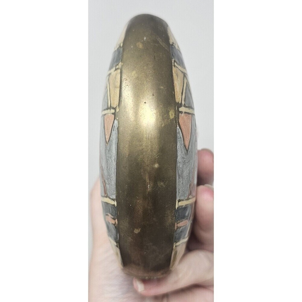 Vintage Small Geometric Enameled Painted Multicolor Brass Vase India 5"x5" - Picture 4 of 10